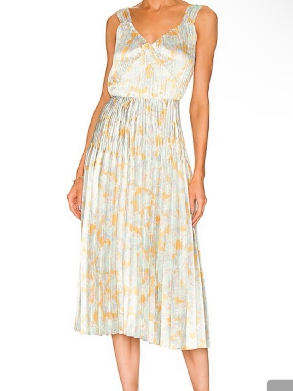 Vince Pleated Midi Dress in Light Blue and Gold Floral